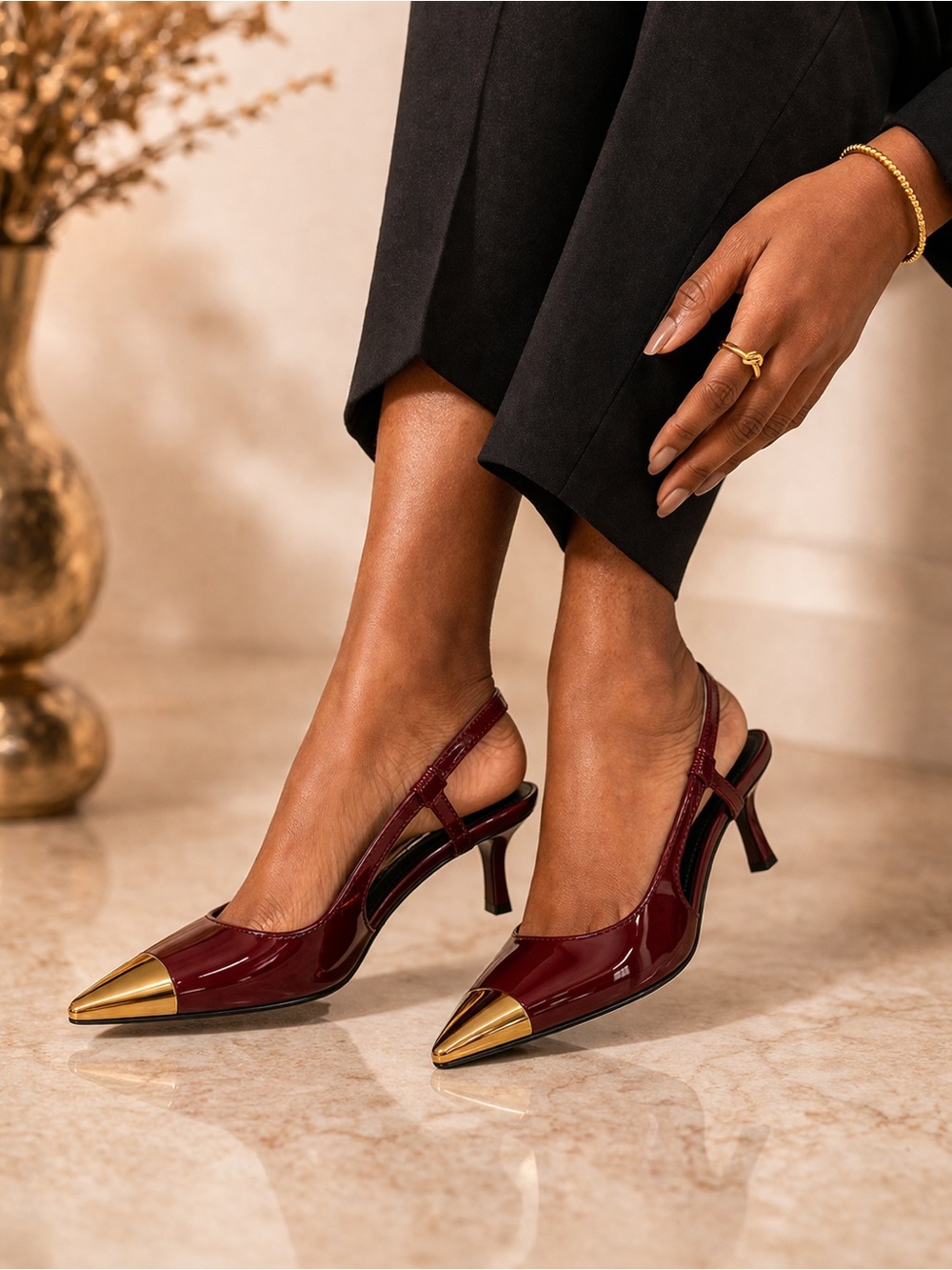 Burgundy Patent Slingback Heels Gold Cap Toe Kitten Heel Size 6.5